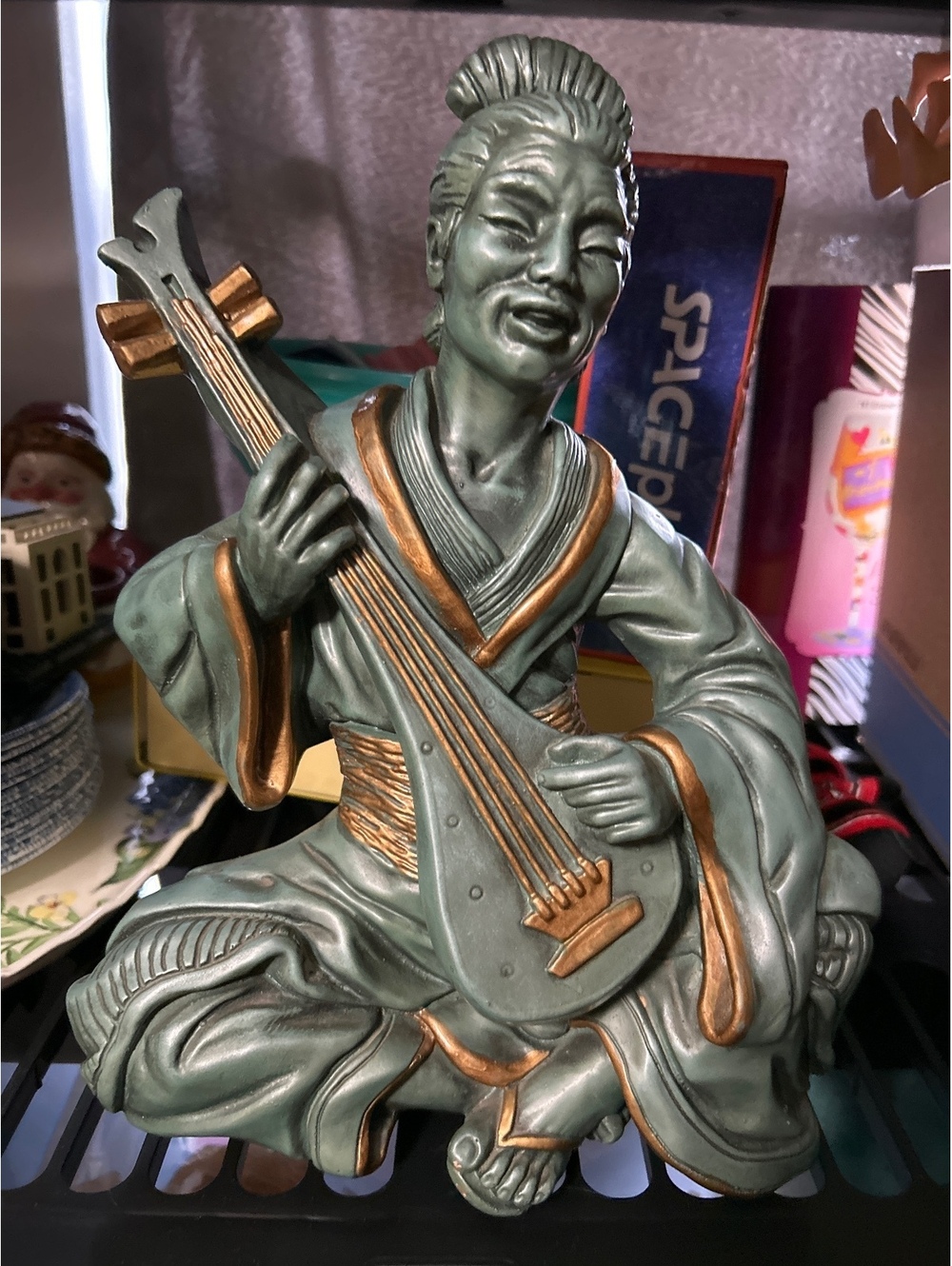 Vintage Asian Style Ceramic Figurine of Musician Playing String Instrument